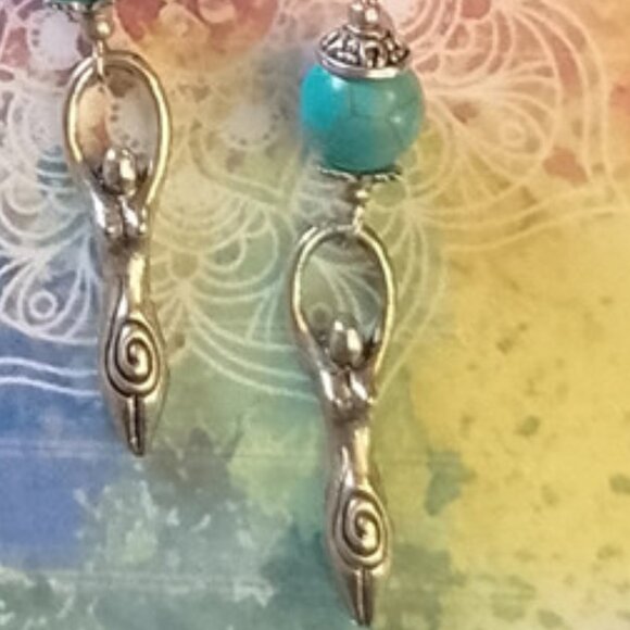 GODDESS EARRINGS,  Magnesite Turquoise, Silvery Bali-Type Accents - Picture 6 of 7